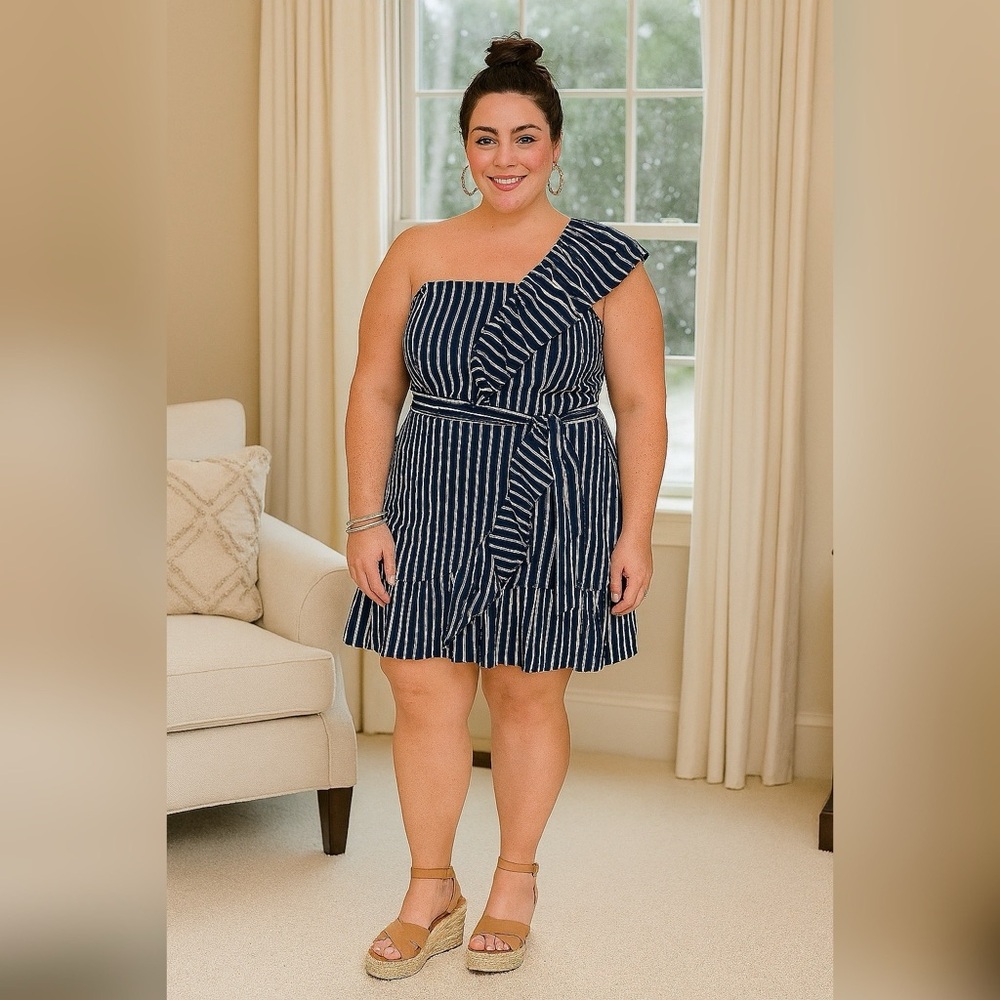 ALEXIS KONNER BLUE WHITE STRIPED LINEN ONE SHOULDER RUFFLE MINI DRESS L / LARGE